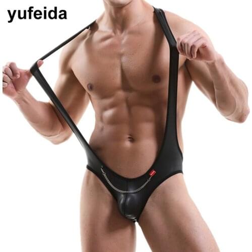 Sexy Mens Undershirts Wrestling Singlet Leotard Jumpsuits Bodysuits Gay Faux Leather Catsuit Open Butt Dance Clubwear Briefs