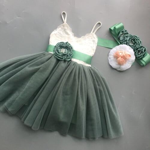 Vintage girls lace dress for kids sage green children Xmas dress for toddler princess party vestido with flower sashes