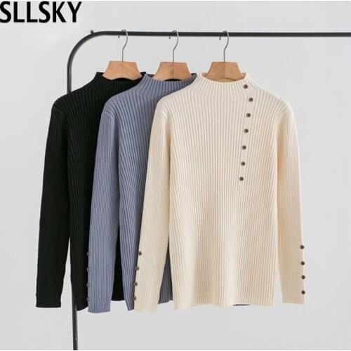 Sllsky Casual long sleeve button female sweater Autumn o-neck women knitted jumper Fashion fitted Solid lady Sweater pullovers