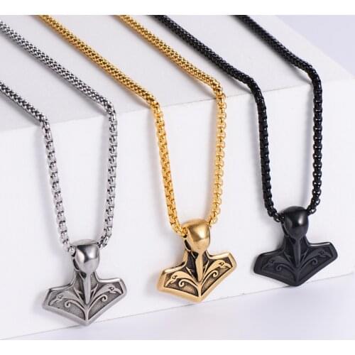 Viking Axe Necklace Men Stainless Steel Pendant MJOLNIR Crow Runes Thor Hammer Amulet Vintage Link Chain Jewelry Wholesale Price
