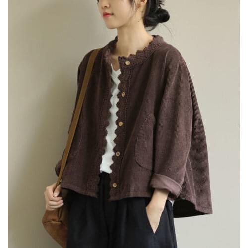 Vintage Clothes Corduroy Shirt Jacket Women Lace Stitch Loose Autumn Ladies Coat O Neck Casual Short Jacket 2021 New