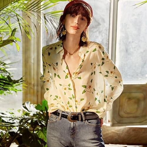 100% Silk Blouse Women Shirt Casual Style Flower Printed Turn-down Collar Long Sleeves Translucent Fabric Plus Size New Fashion