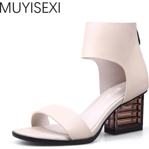 Women Sandals 2018 Summer Genuine Leather Mixed Color Transparent High Heel Ankle-Wrap Zip Shoes Woman Sandals HL28 MUYISEXI