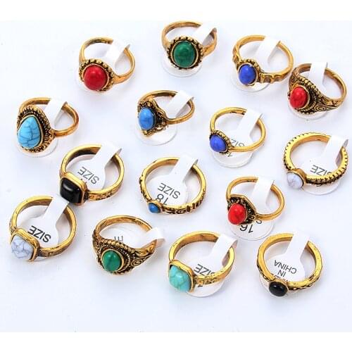 10 Pcs Mixed Random Women Boho Style Natural Green Red Stone Rings Tibetan Silver Tone Size 16 17 18 Finger Rings Jewelry
