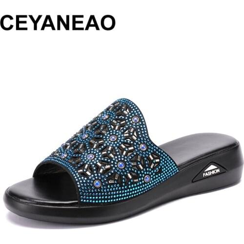 CEYANEAOHollow Out Mother Shoes Large Size Rhinestone Fashion Genuine Leather Outside Slippers Casual Soft Bottom Summer Sandals