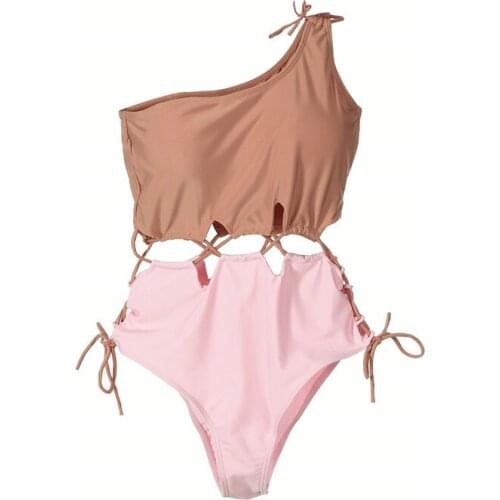 Women One piece patchwork bikinis 2018 swimwear lace up One Shoulder hollow bandage swim suits Push up monokinis maillot de bain