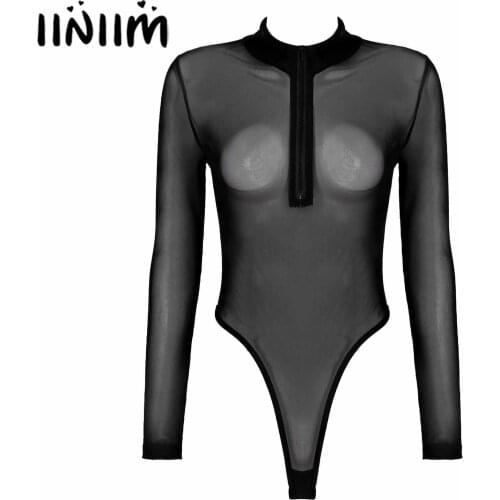 Womens Lingerie Sexy See-through Mesh Bodysuit Long Sleeve Skinny Jumpsuit Mock Neck Zipper High Cut Leotard Costume