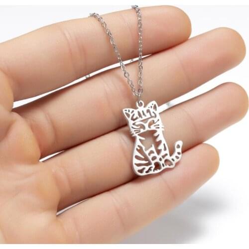 1pcs Cartoon Lovely Stainless Steel Cute Cat Necklace Women Bohemian Origmai Kitten Pendant Necklaces Animal Gold Collier 2021