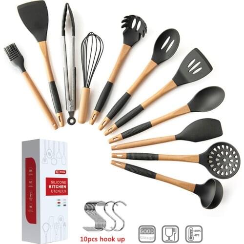 11Pcs Silicone Cooking Tools Set Wooden Handle Kitchen Utensils Set Non-Stick Spatula Spoon Whisk Brush Kitchenware With Hook
