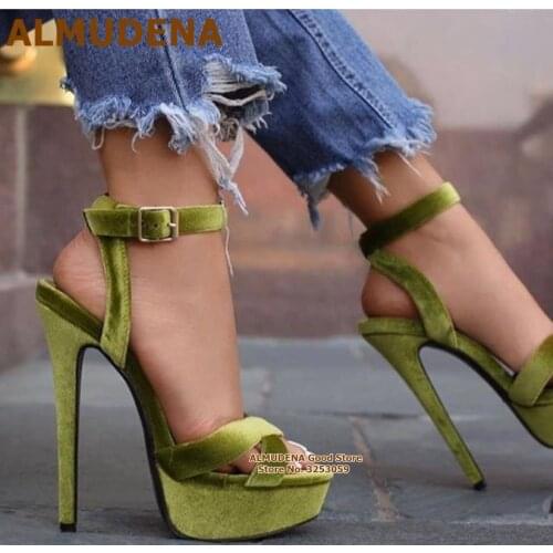 ALMUDENA Olive Green Velvet High Heel Sandals Platform Open Toe Buckle Strap Dress Shoes Cross Strap Luxury Evening Pumps Size47