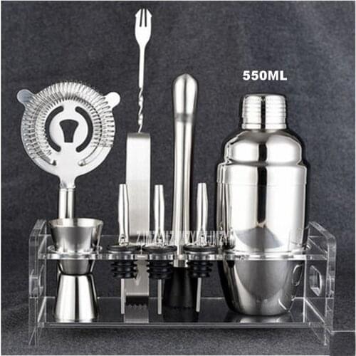 Hot Sale HY1563a 550ML Cocktail Shaker Set / 10 Pieces includes Tin, Jigger, Ice Tong, Strainer, Rack, Pourer, Muddler & Spoon