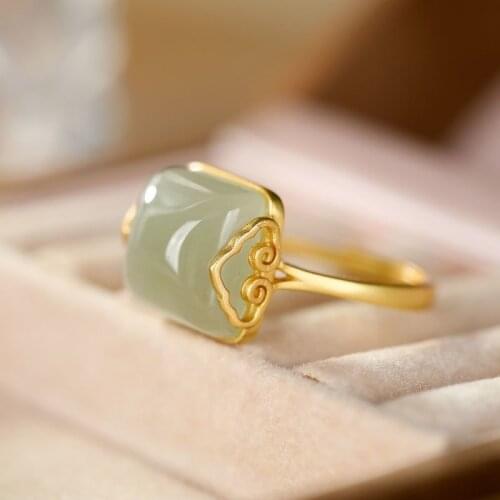 Natural Hetian Jade Green Jade Xiangyun Ring Jade S925 Sterling Silver Inlaid Palace Style White Jade Ring Ornament for Women