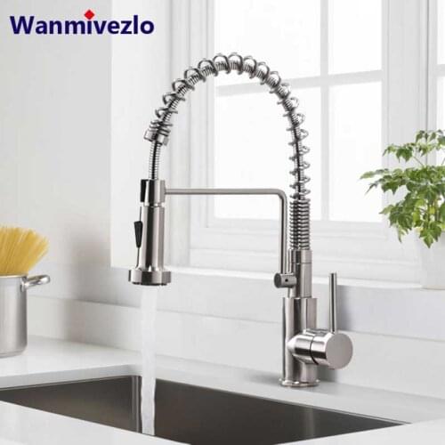 Brushed Nickel Kitchen Faucet Stainless Steel Cold Hot Kitchen Spring Faucet Pull Down 360 Rotation Spray Kitchen Spring Tap