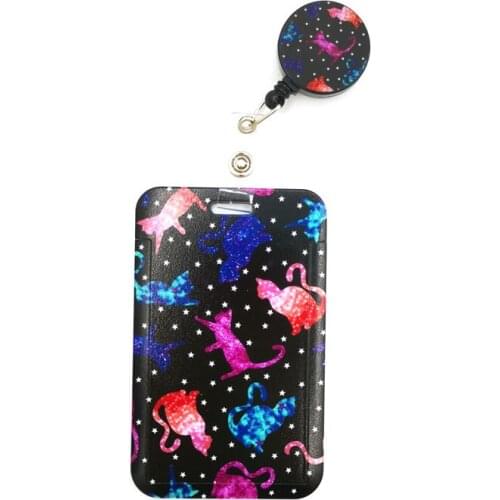 Starry Colorful Cats Cartoon Cute Credit Card Holder Lanyards Women Men Kids Student Badge Reel ID Name Bus Clips Cards Holder