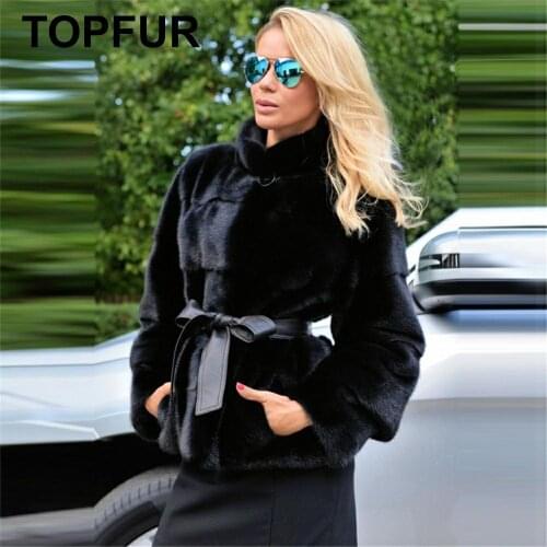 TOPFUR Fashion Black Coat With Belt Winter Real Fur Coat Women Winter Clothing Full Sleeves Natural Mink Fur Coat Full Pelt