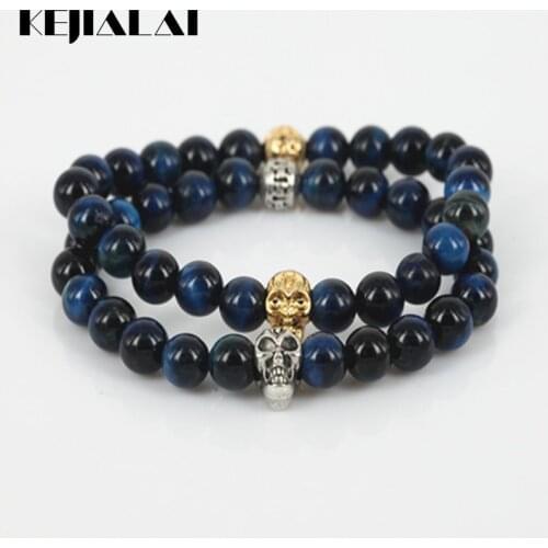 KEJIALAI Beaded Skull Head Men Charm Stretch Bracelet Natural 8mm Mix Color Tiger Eye Round Gem Stone Beads Women Bracelet A0457
