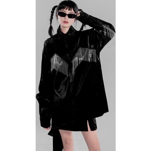 New Cool Girl Harajuku Gothic Metal Tassel Heavy Industry Shining Punk Blouse Streetwear Vintage Loose Long Sleeve Blouse