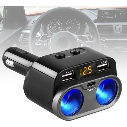 New Dual USB Socket Car LCD Cigarette Lighter Splitter Type C Charger Power Adapter