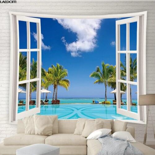 Ocean Window View Tapestry Wall Hanging Sandy Beach Picnic Rug Camping Tent Sleeping Pad Hotel Home Decor Bedspread Sheet Cloth