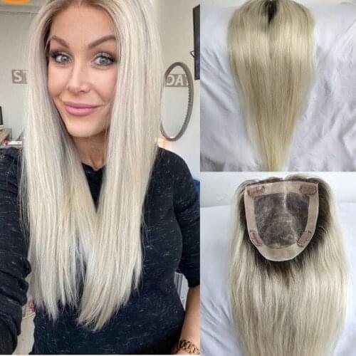 Ombre 613 Color 20inch 12.5*15cm Straight Topper Wigs Mono Base Remy Human Hair Toupee Clip In Hairpieces For Less Hair Women
