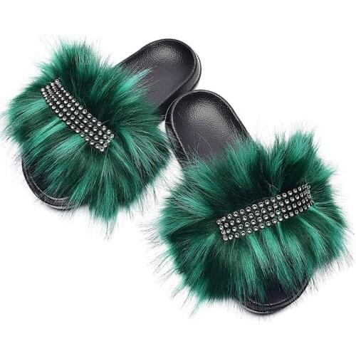 2021 New Sexy Faux Fur Slippers Women Furry Fluffy Slippers Outdoor Indoor Home Flat Shoes Female Casual Flops Slides TX419