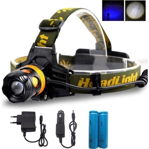 Waterproof LED Head Light Headlamp 2 LEDs LED Headlight Blue/Yellow Fishing Flashlight Torch Head Lamp + Charger + 18650 Battery