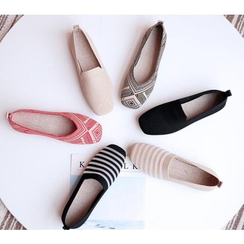 New Womens Shoes Breathable Soft Bottom Camouflage Knit Flat Shoes Square Head Shallow Mouth Flat Ballerina Casual Shoes