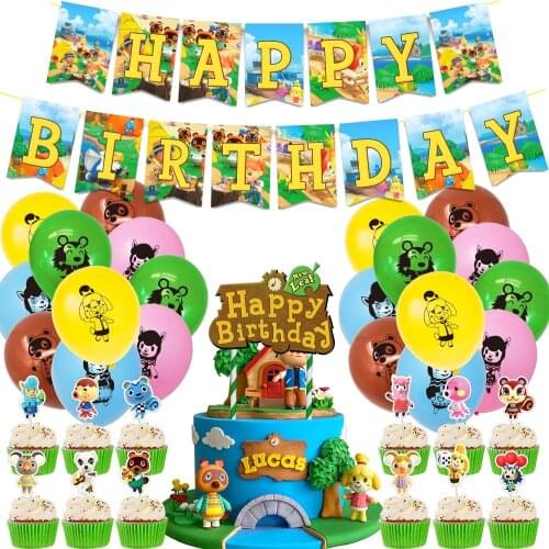 48pcs/set Animal Crossing Balloons Anime Pet Animal Jungle Happy Birthday Banner Cake Topper Baby Shower Party Decor Kids Toys