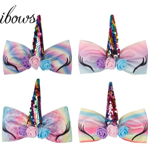 6" litter Rainbow Unicorn Bow Glitter Rainbow Hairgrips Reversible Sequin Horn Flower Eyelashes Bows For Kids Hair Accessories