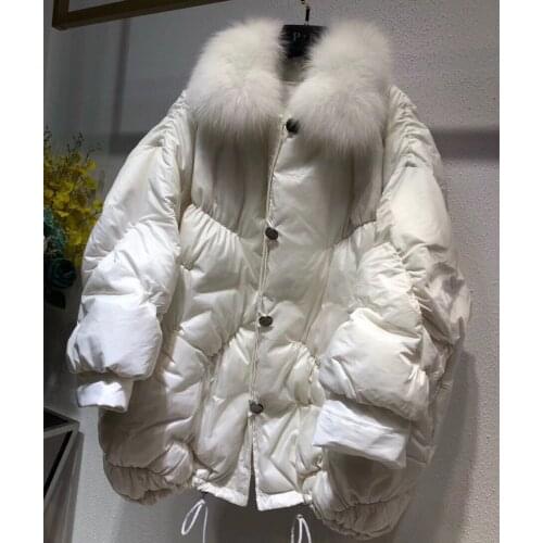 Oversized winter jacket women loose parka outwear natural real fox fur collar 90% white duck down coat jacket