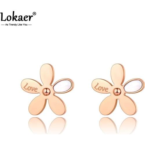 Lokaer Trendy Titanium Stainless Steel White Shell Small Daisy Flower Earrings For Women Girl Trendy Office Plant Jewelry E20268