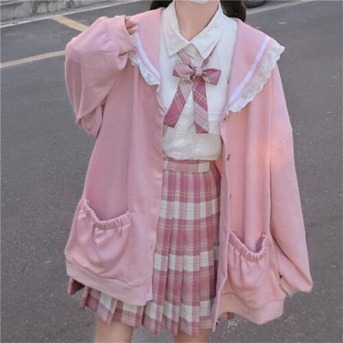 2021 Spring Sweet Women Hoodies Loose Hooded Sailor collar Cute Lace patchwork female Zip up hoodies