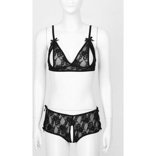 Porno Sexy Lingerie Set Women Not Padded Open Cup Bra Unlined Side Split Bra Crotchless Thong G-string Floral Lace Underwear Set