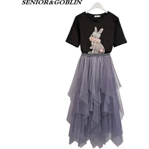 2019 Summer New Fashion Skirt Suit Rabbit Pattern T-shirt+Elastic Waist Irregular Mesh Maxi Skirts 2 Pieces Set Clothes Suits