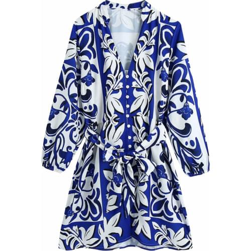 Spring and summer womens casual printed dress with V-neck belt decoration