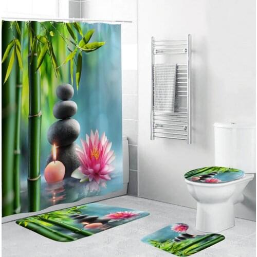 180x180cm Zen Stone Shower Curtain Bamboo Lotus Fabric Bathroom Curtains Set Non-Slip Rugs Toilet Lid Cover Mat Carpet
