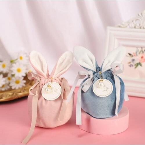 5Pcs Easter Gift Bag Velvet Material Bunny Ear Candy Wrapping Bag Wedding Party Favors For Your Easter Eggs Storage Candies Toys