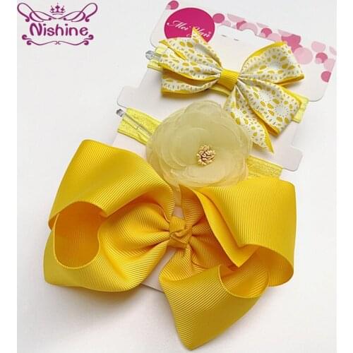 Nishine 3pcs/lot Grosgrain Ribbon Bowknot Princess Hairband Cute Handmade Flowers Infant Headband Baby Headwear Hair Accessories