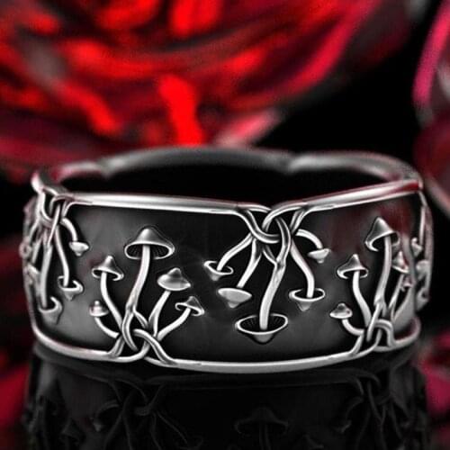 Black Mushroom Shaped Rings Creative Vintage Plant Finger Rings Men And Women Punk Wedding Engagement Party Jewelry Gifts