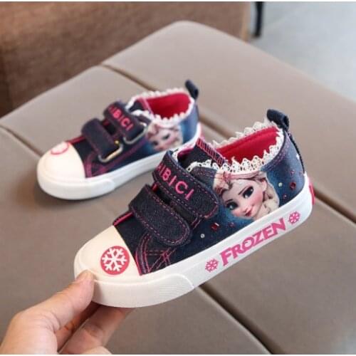 Disney Children Sneaker Frozen Princes Kids Casual Shoes For Girls Canvas Shoes Low Cut Cartoon Baby Denim Shoes Elsa Anna 25-37