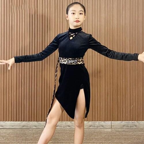 Children Latin Dance Costume Girls Long Sleeves Velvet Dress Black Leopard Samba Rumba Chacha Practice Show Clothes DNV14039