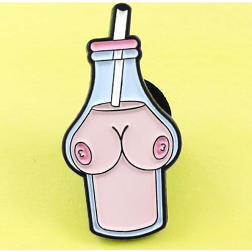 Sexy Pink Milk Bottle Breast pin Brooch Cartoon Female chest Body Organ Breast Milk Enamel Pin Lesbian Valentines Day Brooches