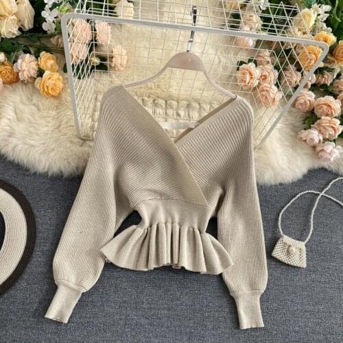 Foamlina autumn women shiny knitting sweater top sexy v neck batwing sleeve ruffles sweater pullovers elegant ladies knitwear