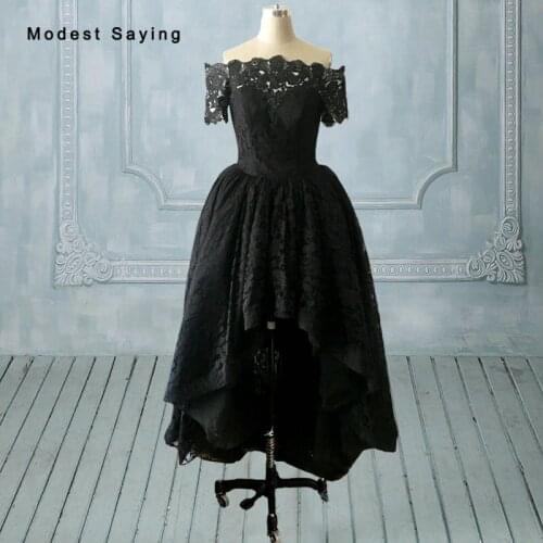 Gothic Witch Style Black High Front Low Back Lace Short Sleeve Evening Dresses 2017 Ruffled Party Prom Gown robe de soiree LE5