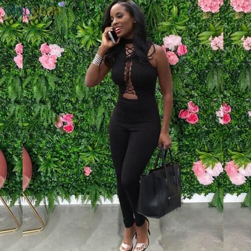 HAOYUAN Sexy Black Lace Up Hollow Out Backless Bodycon Jumpsuit for Women Summer Birthday One Piece Club Outfits Bandage Rompers