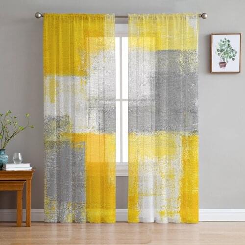 Oil Painting Abstract Geometric Yellow Sheer Curtains for Living Room Tulle for Windows Voile Yarn Short Bedroom Curtains