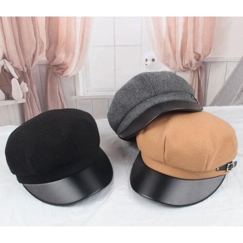 Military Hat Caps Beret Winter Hats For Women Men Pu Leather Brim Wool Knitted Cap Black Bone Female Vintage Gorra Militar