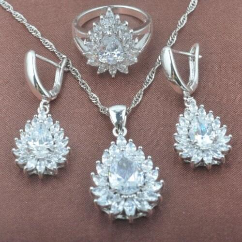 ExquisiteWhite Zircon Womens Silver Color Jewelry Sets Necklace Pendant Earrings Ring TZ0396