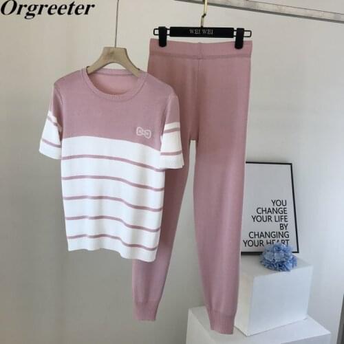 Summer Fall Two piece set Tracksuit Women Sweet Bow Striped Short Sleeve Knitwear Womens Tops and Pants 2 Piece Outfits