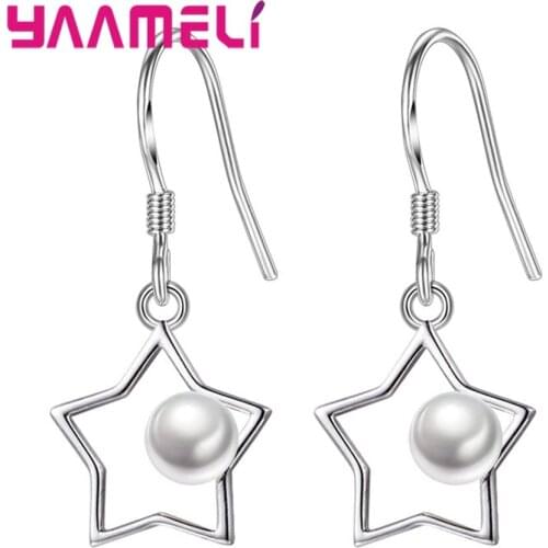 Nice Five-pointed Star Jewelry 925 Sterling Silver Metal White Pearl French Hook Earrings for Lady Party Accessroies Pendientes